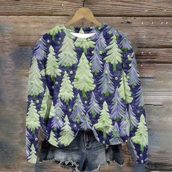 WXLWZYWL Womens Christmas Sweatshirts Cute Xmas Ugly 3D Graphic Print Sweaters Oversized Long Sleeve Round Neck Pullover Tops