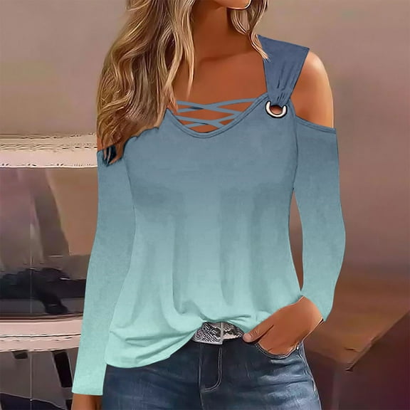 WXLWZYWL Womens Cold Shoulder Tops and Blouses, Long Sleeve Shirts Criss Cross Scoop Neck Tops Fall Clohtes 2024 Trendy