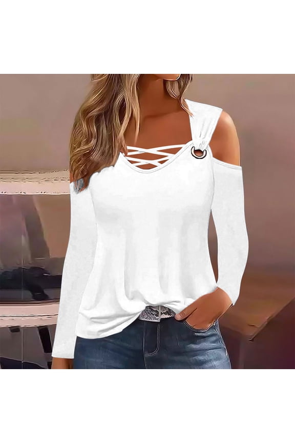 Womens Cold Shoulder Tops and Blouses, Long Sleeve Shirts Criss Cross Scoop Neck Tops Fall Clohtes 2024 Trendy