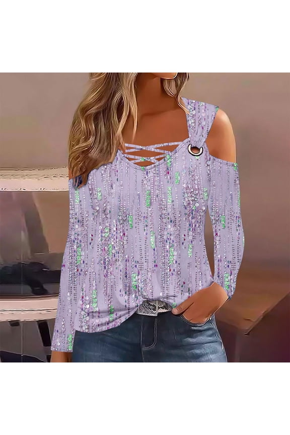 Womens Cold Shoulder Tops and Blouses Long Sleeve Shirts Criss Cross Scoop Neck Tops Fall Clohtes 2024 Trendy