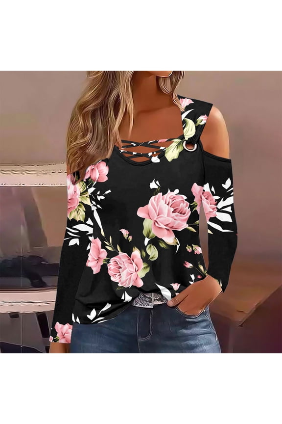 Womens Cold Shoulder Tops and Blouses Long Sleeve Shirts Criss Cross Scoop Neck Tops Fall Clohtes 2024 Trendy