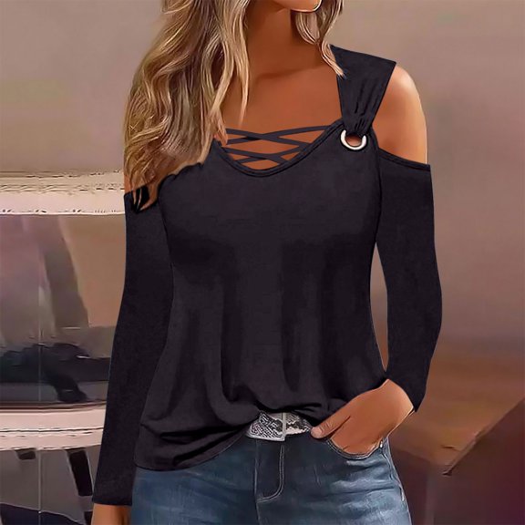 WXLWZYWL Womens Cold Shoulder Tops and Blouses, Long Sleeve Shirts Criss Cross Scoop Neck Tops Fall Clohtes 2024 Trendy