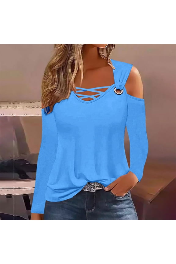 Womens Cold Shoulder Tops and Blouses, Long Sleeve Shirts Criss Cross Scoop Neck Tops Fall Clohtes 2024 Trendy