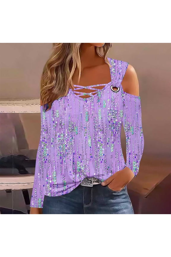 Womens Cold Shoulder Tops and Blouses Long Sleeve Shirts Criss Cross Scoop Neck Tops Fall Clohtes 2024 Trendy