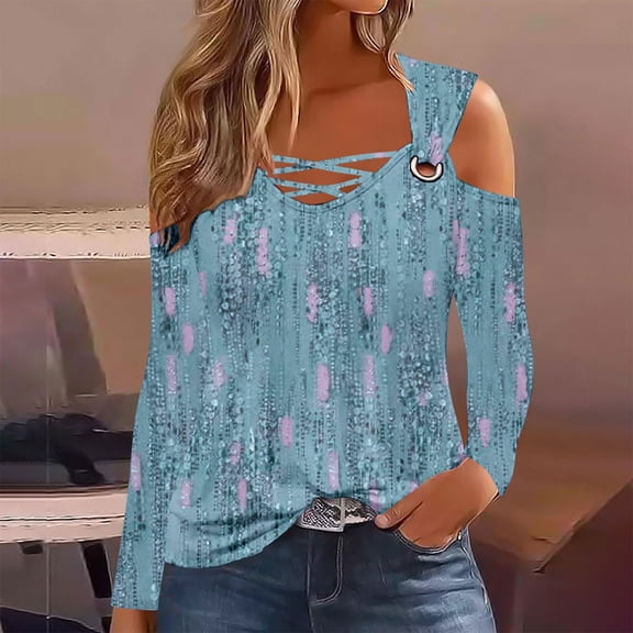 WXLWZYWL Womens Cold Shoulder Tops and Blouses Long Sleeve Shirts Criss Cross Scoop Neck Tops Fall Clohtes 2024 Trendy