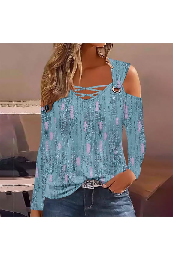 Womens Cold Shoulder Tops and Blouses Long Sleeve Shirts Criss Cross Scoop Neck Tops Fall Clohtes 2024 Trendy