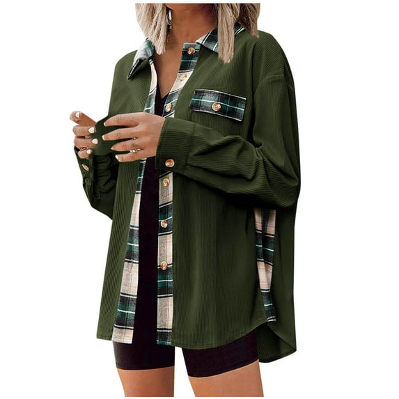 WXLWZYWL Womens Corduroy Jacket Vintage Flannel Shacket Casual Plaid Button Down Shirts Long Sleeve Fall Coats with Pockets