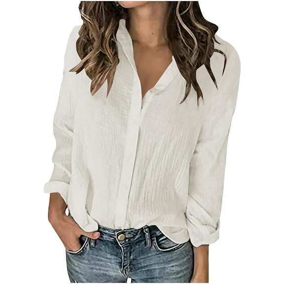WXLWZYWL Womens Cotton Linen Button down Shirts Long Sleeve Work Shirts Collared V Neck Loose Fitted Business Casual Top Blouses