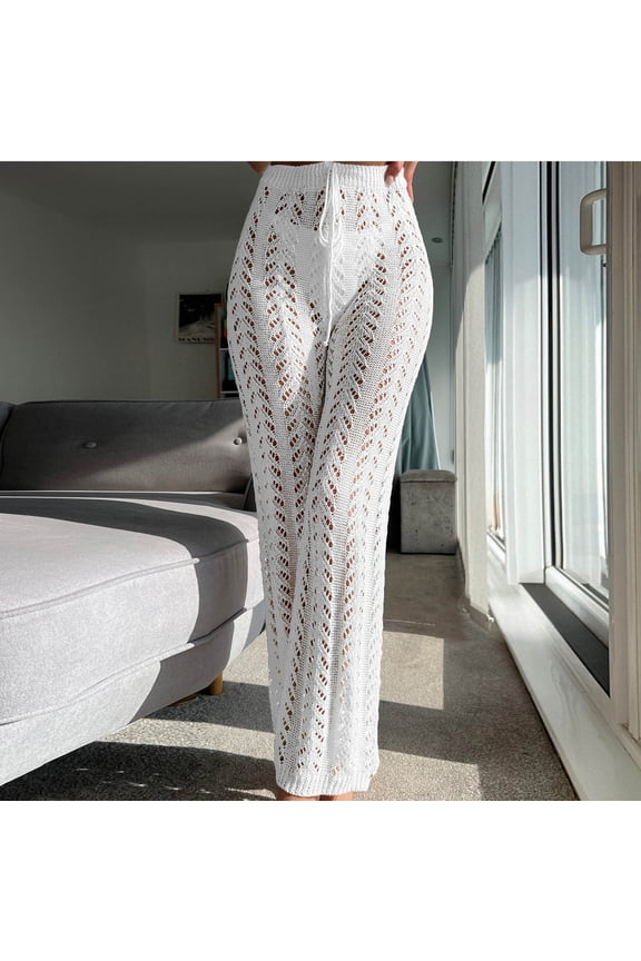 Womens Crochet Cover Up Pants Sheer Mesh High Waist Casual Knit Summer Swimsuit Coverup Beach Pants