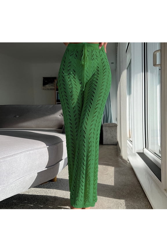 Womens Crochet Cover Up Pants Sheer Mesh High Waist Casual Knit Summer Swimsuit Coverup Beach Pants