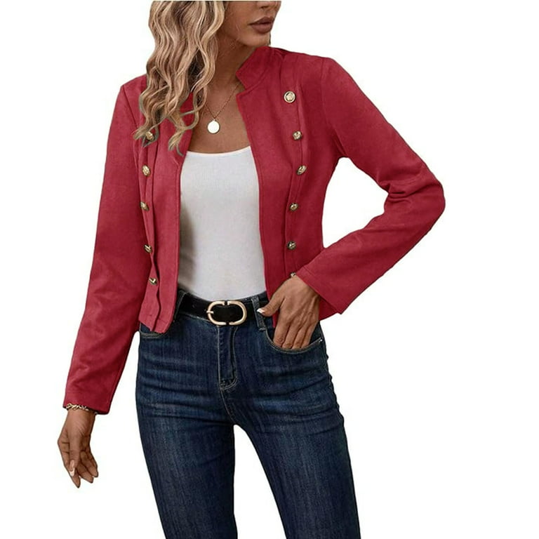 WXLWZYWL Womens Cropped Blazer Jacket Buttons Decor Stand Collar Open Front Vintage Jackets Suede Jacket 2024 New Spring Casual Lightweight Petite Fitted Office Outwear Suit Walmart