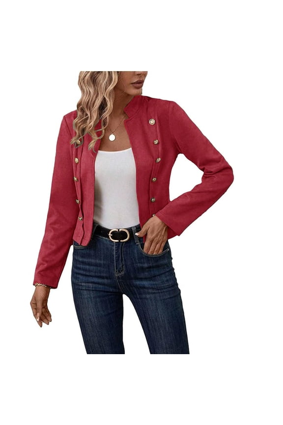 Womens Cropped Blazer Jacket Buttons Decor Stand Collar Open Front Vintage Jackets Suede Jacket 2024 New Spring Casual Lightweight Petite Fitted Office Outwear Suit