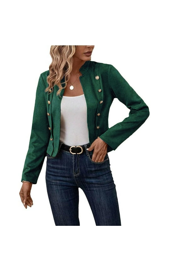 Womens Cropped Blazer Jacket Buttons Decor Stand Collar Open Front Vintage Jackets Suede Jacket 2024 New Spring Casual Lightweight Petite Fitted Office Outwear Suit