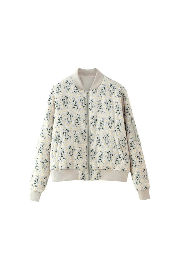 Womens Cropped Bomber Jacket Long Sleeve Zipper Down Floral Cotton Padded Coat Outerwear