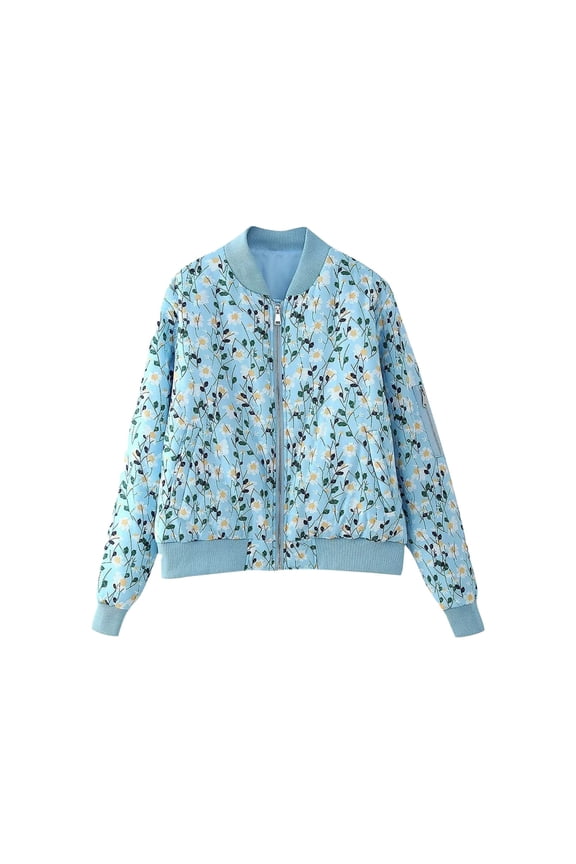Womens Cropped Bomber Jacket Long Sleeve Zipper Down Floral Cotton Padded Coat Outerwear