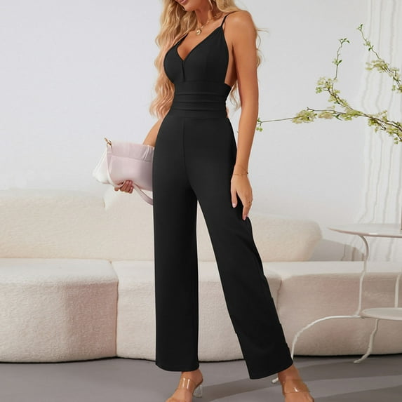 WXLWZYWL Womens Deep V Neck Jumpsuits Summer Sleeveless Wrap Ruched Spaghetti Strap High Waist Wide Leg Jumpsuits Rompers Dressy One Piece Business Casual Outfits Rompers