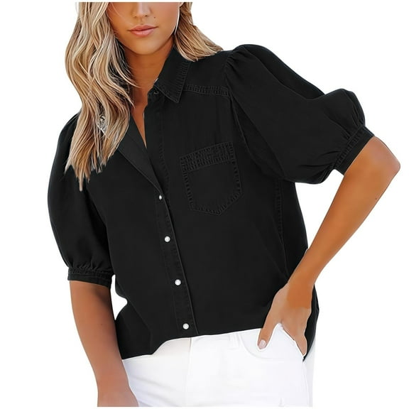 WXLWZYWL Womens Denim Shirt Business Casual Button down Work Blouses Puff Sleeve Summer Tops
