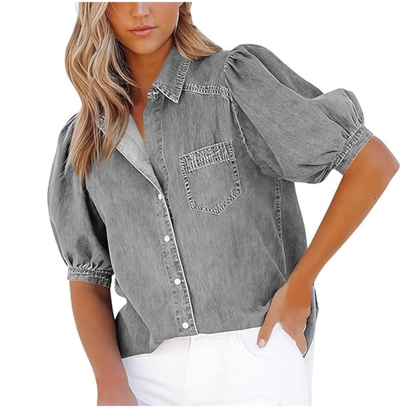 WXLWZYWL Womens Denim Shirt Business Casual Button down Work Blouses Puff Sleeve Summer Tops