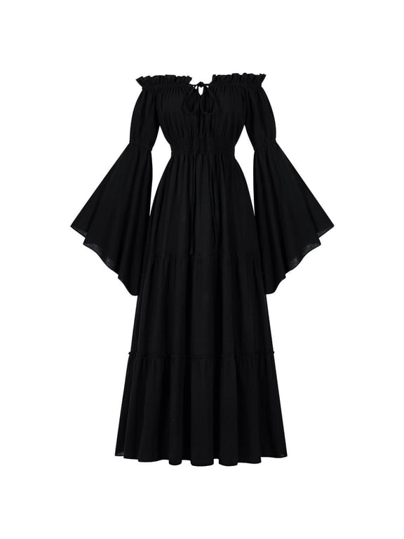 Womens Exposed Shoulder Leaf Edge Long Sleeve and Floor Length Solid Dress Summer Elastic Waist and Flared Sleeve Dress