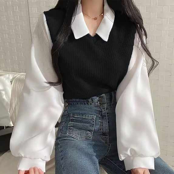 WXLWZYWL Womens Fake Two Piece T-Shirt Splicing Long Sleeved Sweatshirt Loose Thread Versatile Top