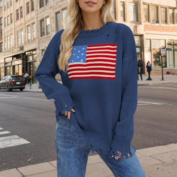 WXLWZYWL Womens Fall Tops 2024 Distressed Graphic Sweater American Flag Sweater Long Sleeve Round Neck Patriotic Knitted Pullover