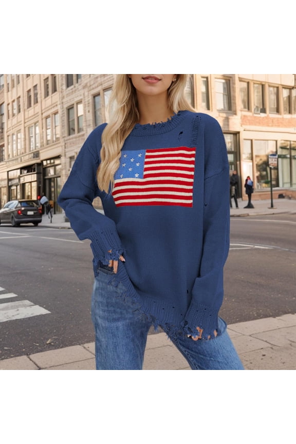 Womens Fall Tops 2024 Distressed Graphic Sweater American Flag Sweater Long Sleeve Round Neck Patriotic Knitted Pullover
