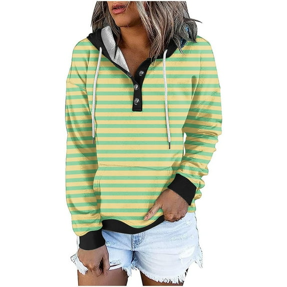 WXLWZYWL Womens Fall Tops Casual Hoodies Sweatshirts Striped Button Drawstring Pullover Sweaters Casual Long Sleeve With Pockets Winter Fall