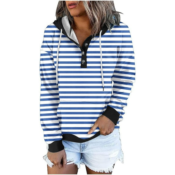 WXLWZYWL Womens Fall Tops Casual Hoodies Sweatshirts Striped Button Drawstring Pullover Sweaters Casual Long Sleeve With Pockets Winter Fall