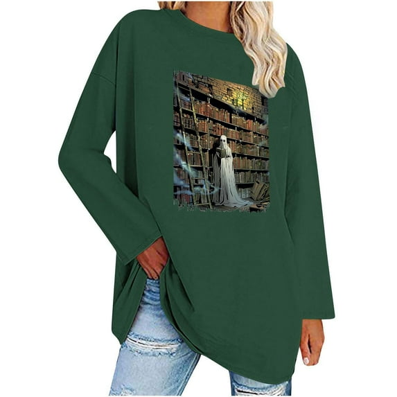 WXLWZYWL Womens Fall Tops Womens Halloween Cute Ghost Reading Books Shirts Oversized Fall Vintage Funny Graphic Tee Long Sleeve Crewneck Top