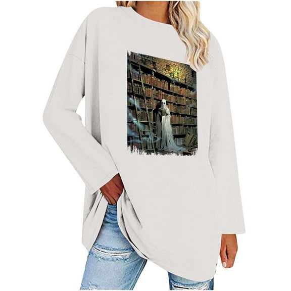 WXLWZYWL Womens Fall Tops Womens Halloween Cute Ghost Reading Books Shirts Oversized Fall Vintage Funny Graphic Tee Long Sleeve Crewneck Top