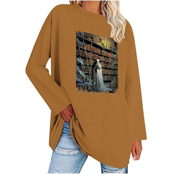 WXLWZYWL Womens Fall Tops Womens Halloween Cute Ghost Reading Books Shirts Oversized Fall Vintage Funny Graphic Tee Long Sleeve Crewneck Top