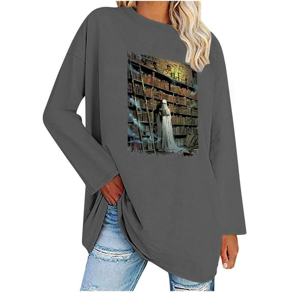 WXLWZYWL Womens Fall Tops Womens Halloween Cute Ghost Reading Books Shirts Oversized Fall Vintage Funny Graphic Tee Long Sleeve Crewneck Top