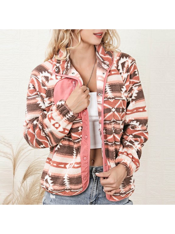 Womens Fleece Jacket Western Aztec Print Long Sleeve Snap Button Down Shacket Jackets with Pockets