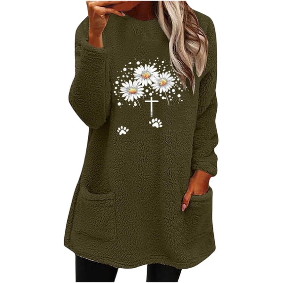 WXLWZYWL Womens Fuzzy Fleece Pullover Sweatshirt Long Sleeve Crew Neck Loose Fit Tunic Tops with Pockets Fall Winter Warm Tops