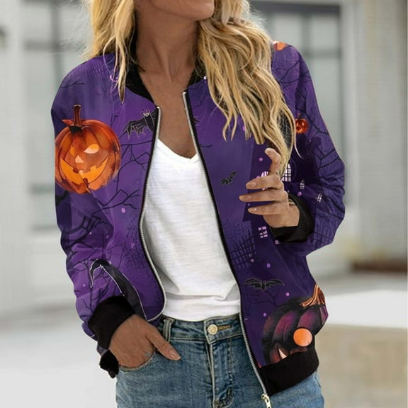 WXLWZYWL Womens Halloween Bomber Jacket Casual Full Zip Coats with Pocket Lightweight Long Sleeve Moto Biker Windbreaker