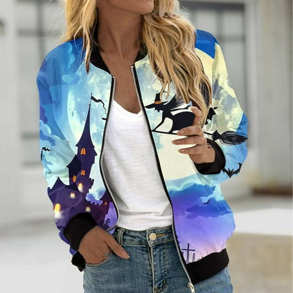 WXLWZYWL Womens Halloween Bomber Jacket Casual Full Zip Coats with Pocket Lightweight Long Sleeve Moto Biker Windbreaker