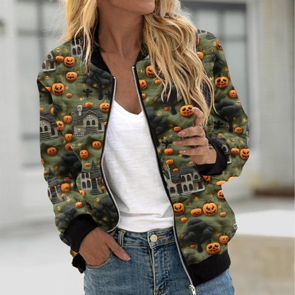 WXLWZYWL Womens Halloween Bomber Jacket Funny Spooky Ladies Coat Ghost Floral Graphic Cardigan Zip Up Long Sleeve Dressy Tops Moto Biker Windbreaker