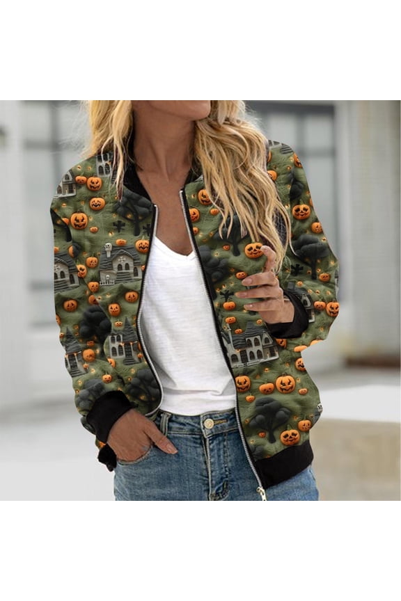 Womens Halloween Bomber Jacket Funny Spooky Ladies Coat Ghost Floral Graphic Cardigan Zip Up Long Sleeve Dressy Tops Moto Biker Windbreaker