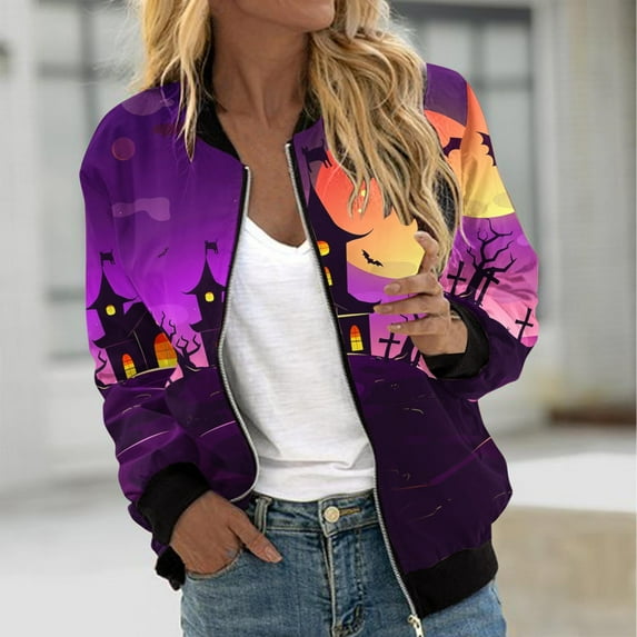 WXLWZYWL Womens Halloween Bomber Jacket Funny Spooky Ladies Coat Ghost Floral Graphic Cardigan Zip Up Long Sleeve Dressy Tops Moto Biker Windbreaker