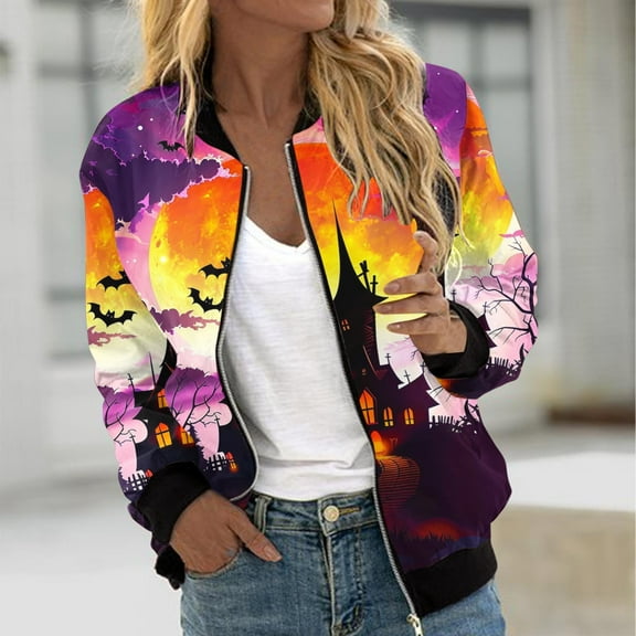 WXLWZYWL Womens Halloween Bomber Jacket Funny Spooky Ladies Coat Ghost Floral Graphic Cardigan Zip Up Long Sleeve Dressy Tops Moto Biker Windbreaker