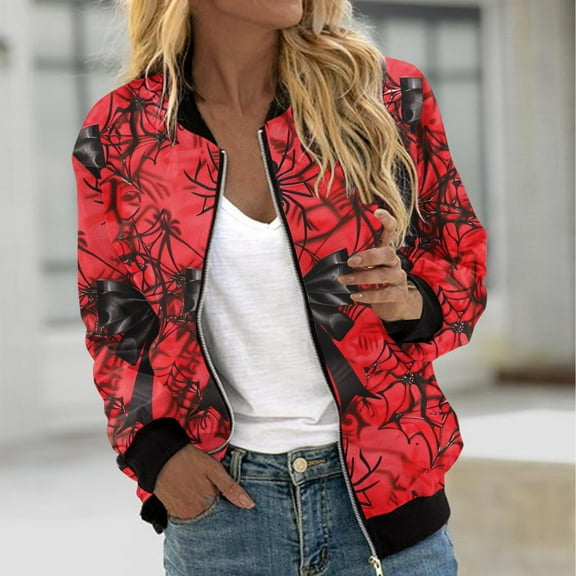 WXLWZYWL Womens Halloween Bomber Jacket Funny Spooky Ladies Coat Ghost Floral Graphic Cardigan Zip Up Long Sleeve Dressy Tops Moto Biker Windbreaker
