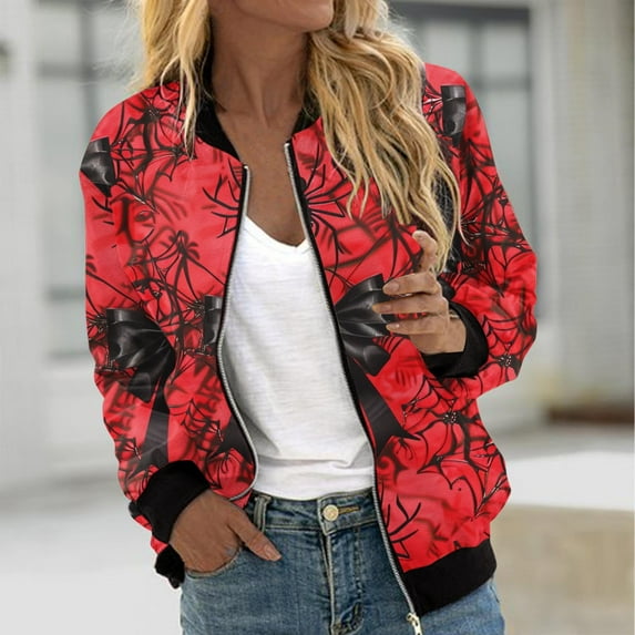 WXLWZYWL Womens Halloween Bomber Jacket Funny Spooky Ladies Coat Ghost Floral Graphic Cardigan Zip Up Long Sleeve Dressy Tops Moto Biker Windbreaker