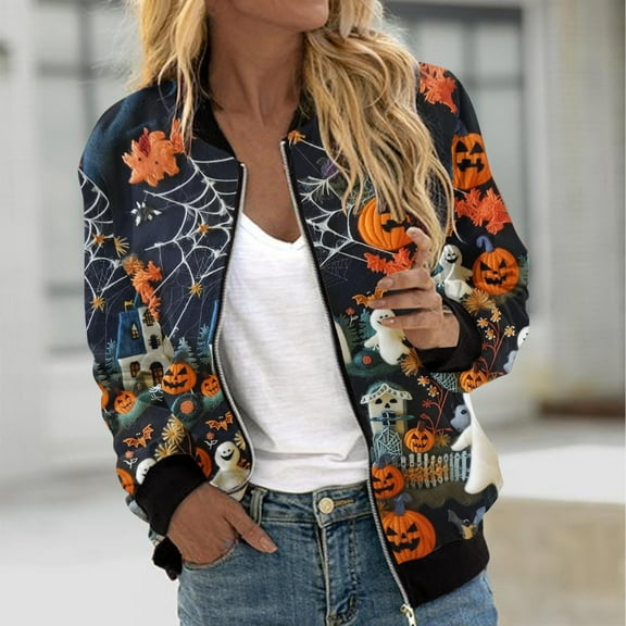 WXLWZYWL Womens Halloween Bomber Jacket Funny Spooky Ladies Coat Ghost Floral Graphic Cardigan Zip Up Long Sleeve Dressy Tops Moto Biker Windbreaker
