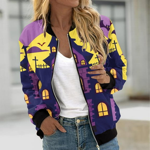 WXLWZYWL Womens Halloween Bomber Jacket Funny Spooky Ladies Coat Ghost Floral Graphic Cardigan Zip Up Long Sleeve Dressy Tops Moto Biker Windbreaker