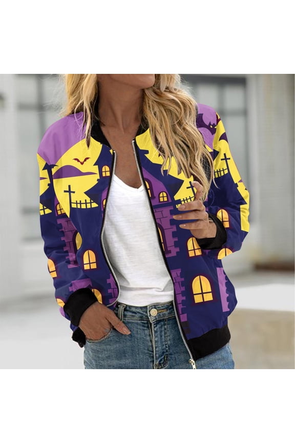 Womens Halloween Bomber Jacket Funny Spooky Ladies Coat Ghost Floral Graphic Cardigan Zip Up Long Sleeve Dressy Tops Moto Biker Windbreaker