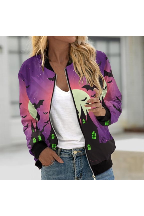 Womens Halloween Bomber Jacket Funny Spooky Ladies Coat Ghost Floral Graphic Cardigan Zip Up Long Sleeve Dressy Tops Moto Biker Windbreaker