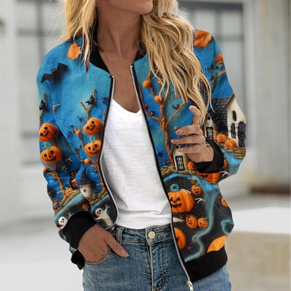 WXLWZYWL Womens Halloween Bomber Jacket Funny Spooky Ladies Coat Ghost Floral Graphic Cardigan Zip Up Long Sleeve Dressy Tops Moto Biker Windbreaker