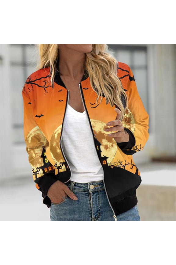 Womens Halloween Bomber Jacket Funny Spooky Ladies Coat Ghost Floral Graphic Cardigan Zip Up Long Sleeve Dressy Tops Moto Biker Windbreaker