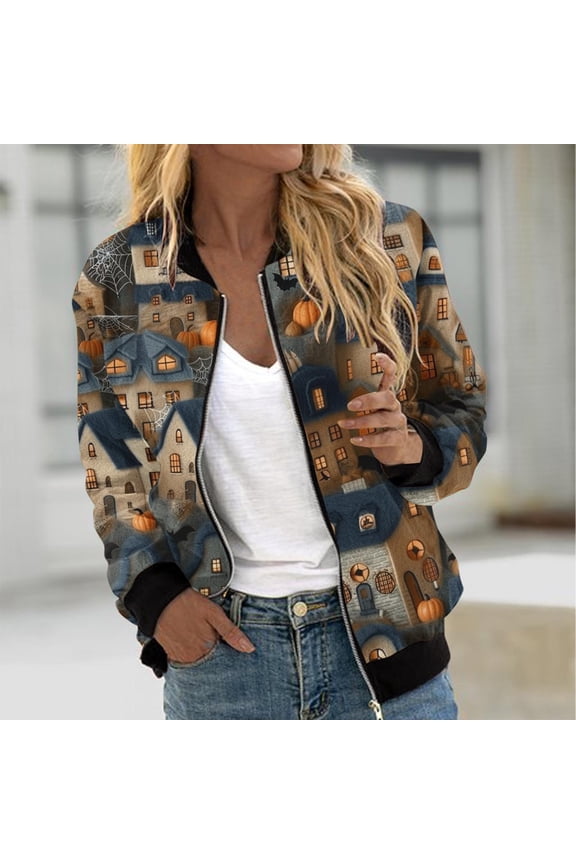 Womens Halloween Bomber Jacket Funny Spooky Ladies Coat Ghost Floral Graphic Cardigan Zip Up Long Sleeve Dressy Tops Moto Biker Windbreaker