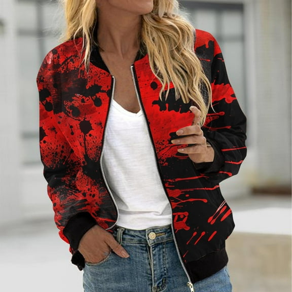 WXLWZYWL Womens Halloween Bomber Jacket Funny Spooky Ladies Coat Ghost Floral Graphic Cardigan Zip Up Long Sleeve Dressy Tops Moto Biker Windbreaker